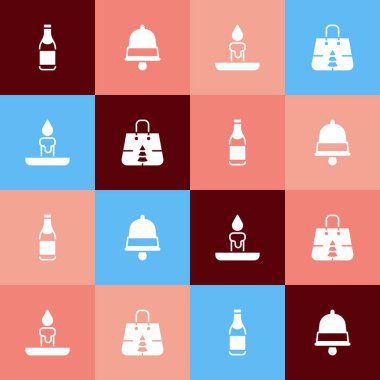 Sanat eserleri, şampanya şişesi, Noel çanı, yanan mum ve alışveriş poşeti ikonu. Vektör