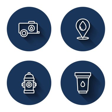 Mobil su tankını ayarla, yeri olan su damlası, yangın musluğu ve uzun gölgeli filtre kartuşu. Mavi daire düğmesi. Vektör