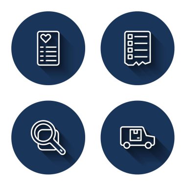 Alış veriş listesi, büyüteç ve uzun gölgeli kargo kamyonu. Mavi daire düğmesi. Vektör