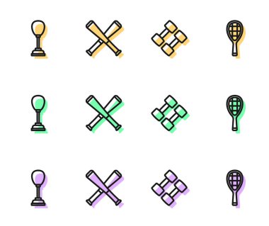 Çizgi Dumbbell, kum torbası, çapraz beyzbol sopası ve tenis raket ikonu. Vektör