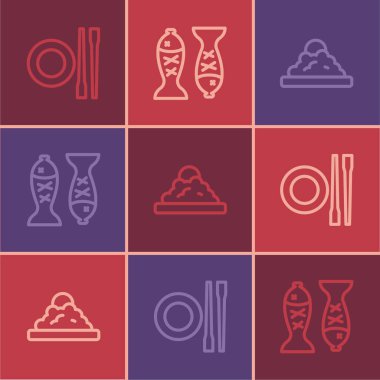 Yemek çubuklarını tabakta, pirinci kasede ve balığı ikonda servis et. Vektör