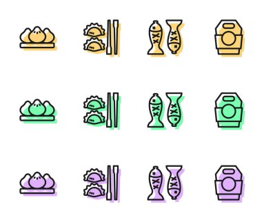 Yemek çubukları ve Asya eriştesi karton kutu ikonuyla servis edilmiş bir tabağa balık koy Dumpling. Vektör