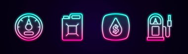 Benzin deposu için benzin deposunu dolar sembolü ve benzin istasyonuna ayarlayın. Parlayan neon ikonu. Vektör.