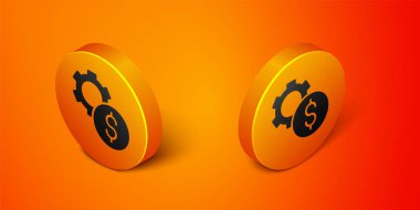 Turuncu arka planda dolar sembolü olan Isometric Gear. İş ve finans kavramsal ikonu. Turuncu daire düğmesi. Vektör.