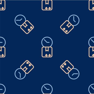 Çizgi Karton karton kutu ve hızlı dağıtım ikonu mavi arka planda izole edilmiş kusursuz desen. Kutu, paket, paket işareti. Teslimat ve ambalaj. Vektör.