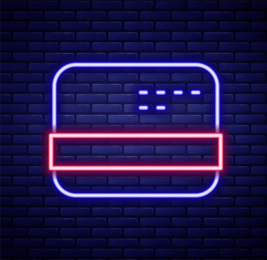 Parlayan neon hattı kredi kartı simgesi tuğla duvar arkasında izole edildi. Çevrimiçi ödeme. Nakit çekilmesi. Finansal operasyonlar. Alışveriş tabelası. Renkli taslak konsepti. Vektör.