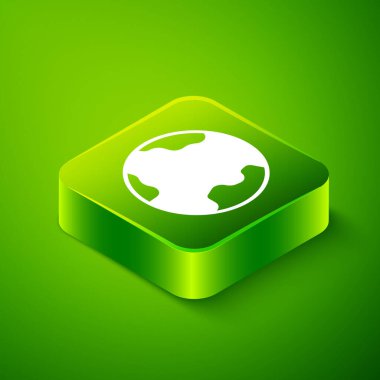 Yeşil arka planda izole edilmiş Dünya ikonu. Dünya ya da Dünya işareti. Küresel internet sembolü. Geometrik şekiller. Yeşil kare düğmesi. Vektör.