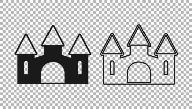 Kara Kale simgesi şeffaf arkaplanda izole edildi. Kulesi olan bir ortaçağ kalesi. Düşmanlardan koruma. Şehrin güvenilirliği ve savunması. Vektör.