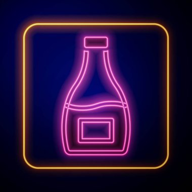 Siyah arka planda parlayan neon sosu ikonu izole edilmiş. Ketçap, hardal ve fast food için soslu mayonez şişeleri. Vektör.