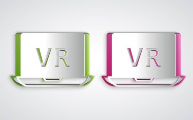 Kağıt kesiği Sanal gerçeklik simgesi gri arkaplanda izole edildi. Gelecekçi VR baş ekran tasarımı. Kağıt sanatı tarzı. Vektör.