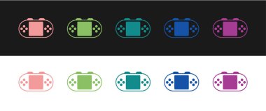 Portatif oyun konsolu simgesini siyah ve beyaz arkaplanda izole et. El bilgisayarı oyun konsolu. Vektör.