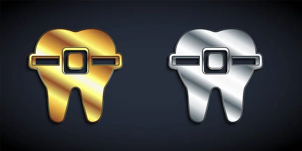 Guld Och Silver Tänder Med Hängslen Ikon Isolerad Svart Bakgrund — Stock vektor