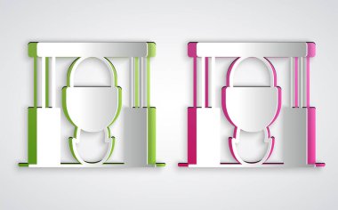 Kağıt kesiği Kamp Ateşi ve gri arka planda izole edilmiş ot ikonu. Ateş kampı, yakacak odun ve alevlerin üzerinde kazanda pişiyor. Kağıt sanatı tarzı. Vektör.