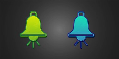 Siyah arkaplanda yeşil ve mavi alarm ikonu var. Yangın alarmı. Servis zili, el zili işareti, uyarı sembolü. Vektör.