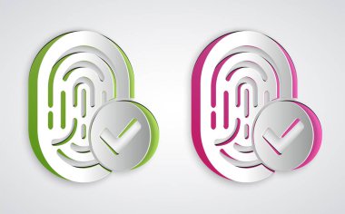 Kağıt kesiği Parmak izi simgesi gri arkaplanda izole edildi. Kimlik uygulaması simgesi. Kimlik işareti. Kimliğe dokun. Kağıt sanatı tarzı. Vektör.