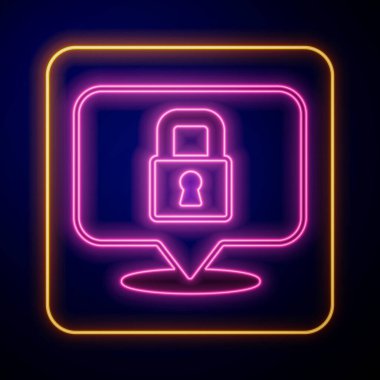 Parlayan neon kilidi simgesi siyah arkaplanda izole edildi. Asma kilit işareti. Güvenlik, güvenlik, koruma, gizlilik kavramı. Vektör.