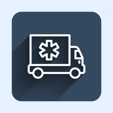 Beyaz çizgi ambulans ve acil durum arabası ikonu uzun gölge arkaplanlı izole edildi. Ambulans aracı tıbbi tahliye. Mavi kare düğme. Vektör.