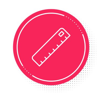 Beyaz çizgi cetvel simgesi beyaz arkaplanda izole edildi. Düz sembol. Kırmızı daire düğmesi. Vektör.