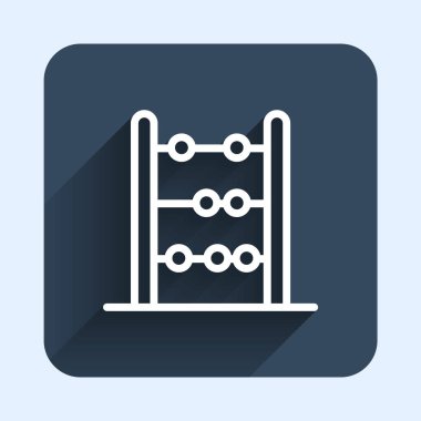 Beyaz çizgi Abaküs simgesi uzun gölge arkaplanı ile izole edildi. Geleneksel sayım çerçevesi. Eğitim işareti. Matematik okulu. Mavi kare düğme. Vektör.
