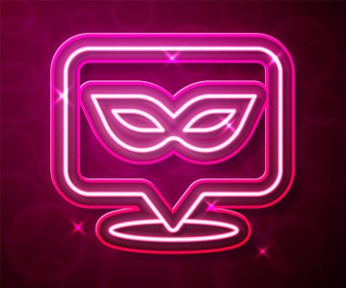 Parlayan neon çizgisi karnaval maskesi simgesi kırmızı arkaplanda izole edildi. Maskeli balo maskesi. Vektör.