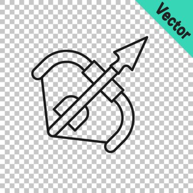 Siyah çizgi Ortaçağ yayı ve ok simgesi şeffaf arkaplanda izole edilmiş. Ortaçağ silahı. Vektör.