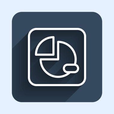 Beyaz çizgi pasta şeması bilgi simgesi uzun gölge arkaplanı ile izole edildi. Diyagram çizelgesi. Mavi kare düğme. Vektör.