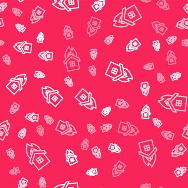 Yanan ev ikonundaki beyaz çizgi yangını kırmızı arka planda izole edilmiş pürüzsüz desen. Sigorta konsepti. Güvenlik, güvenlik, koruma, konsept koruma. Vektör.