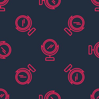 Kırmızı çizgi yuvarlak makyaj aynası ikonu siyah arkaplanda izole edilmiş kusursuz desen. Vektör.