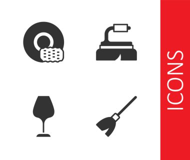 Temizlik ikonu için süpürge sapı yıkama kadehini ve fırçayı hazırla. Vektör.