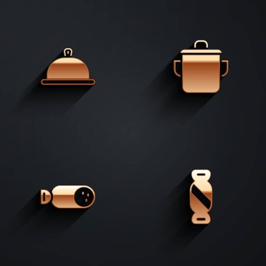 Tepside yemek tepsisi ile kaplı salam ve uzun gölgeli şeker ikonu. Vektör.