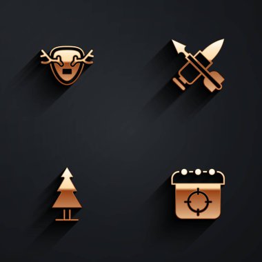 Geyik boynuzlarını ok ağacı ve uzun gölgeli hedef spor ikonu ile çapraz mermiye ayarla. Vektör.