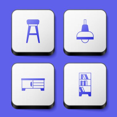 Koltuk lambası, televizyon masası standı ve kütüphane kitaplığı simgesi. Beyaz kare düğme. Vektör.