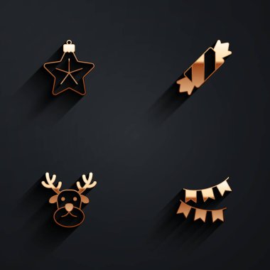 Noel yıldızı Şeker Ren Geyiği ve uzun gölgeli bayrak ikonlu Karnaval çelengi kur. Vektör.