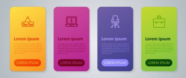 Ofis koltuğu çantasını 9 'dan 5' e kadar ayarla ve dizüstü bilgisayarı da dolarla doldur. Ticari bilgi şablonu. Vektör.