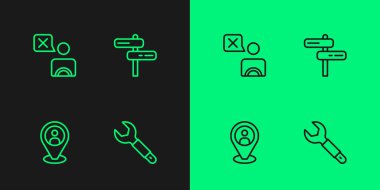 Wrench anahtarlı taksi şoförü ve yol trafik işareti simgesini ayarla. Vektör.