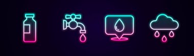 Bir şişe su damlasını konum ve bulut yağmuruna ayarlayın. Parlayan neon ikonu. Vektör.