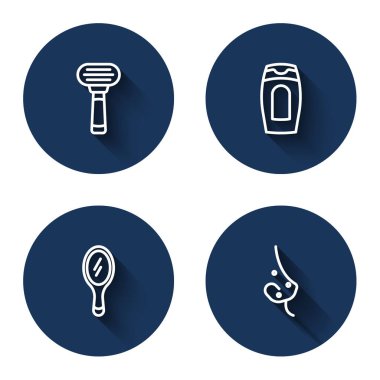 Tıraş bıçağı, şampuan şişesi, el aynası ve uzun gölgeli sivilce. Mavi daire düğmesi. Vektör.