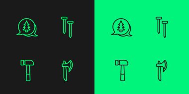 Tahta balta, çekiç ağacı ve metal çivi ikonu. Vektör.