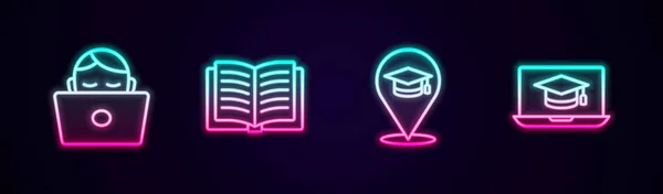 设定在线学生在笔记本电脑上工作开放图书在线教育和毕业帽 发光的霓虹灯图标 — 图库矢量图片