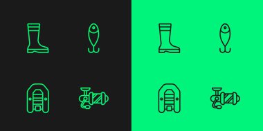 Olta makarasını, motorlu balıkçı botu ve yem ikonuyla şişme tekne avlamak için ayarla. Vektör.