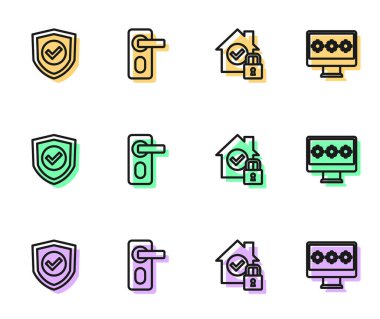 Satır Evi 'ni, parmak izi kapı kilidi ve Monitör şifre simgesiyle koruma kalkanı altına alın. Vektör.