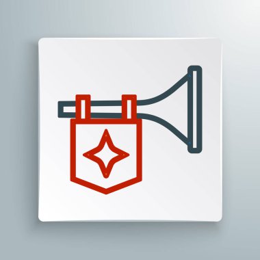 Beyaz zemin üzerinde bayrak simgesi olan çizgi trompeti izole edildi. Müzik aleti trompeti. Renkli taslak konsepti. Vektör