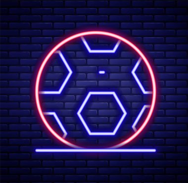 Parlayan neon hattı futbol topu ikonu tuğla duvar arkasında izole edildi. Spor malzemeleri. Renkli taslak konsepti. Vektör