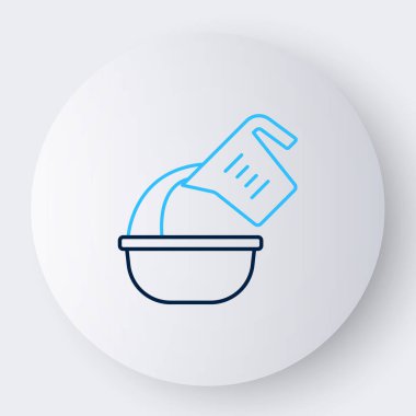 Çizgi ölçme kabı beyaz arka planda izole edilmiş kase ikonuna sıvı döküyor. Plastik şişenin sapı var. Renkli taslak konsepti. Vektör