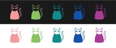 Siyah kedi simgesini siyah beyaz arkaplanda izole et. Mutlu Cadılar Bayramı Partisi. Vektör