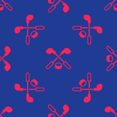 Kırmızı buz hokeyi sopaları ve disk ikonu mavi arka planda izole edilmiş pürüzsüz desen. Oyun başlasın. Vektör