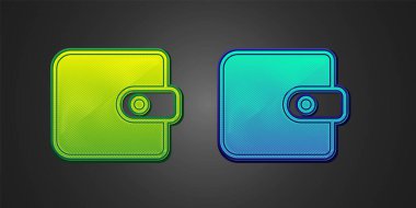 Siyah arkaplanda yeşil ve mavi cüzdan simgesi var. Çanta ikonu. Nakit tasarruf sembolü. Vektör