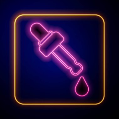 Siyah arka planda izole edilmiş yağ ikonu olan parlak neon Pipette. Organik aromaterapi özü. Cilt bakımı serumu cam bırakma paketi. Vektör
