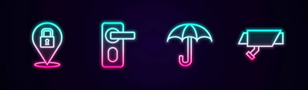 Set Line Lock Vingerafdrukdeurslot Paraplu Beveiligingscamera Een Gloeiend Neon Icoon — Stockvector