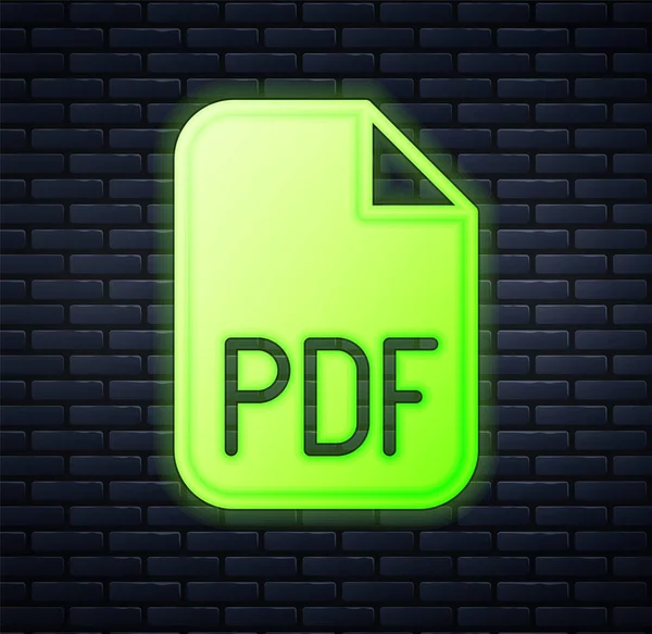 ネオンPdfファイルのドキュメントをグローします レンガの壁の背景に隔離されたPdfボタンのアイコンをダウンロードしてください Pdfファイルのシンボル ベクトル — ストックベクタ